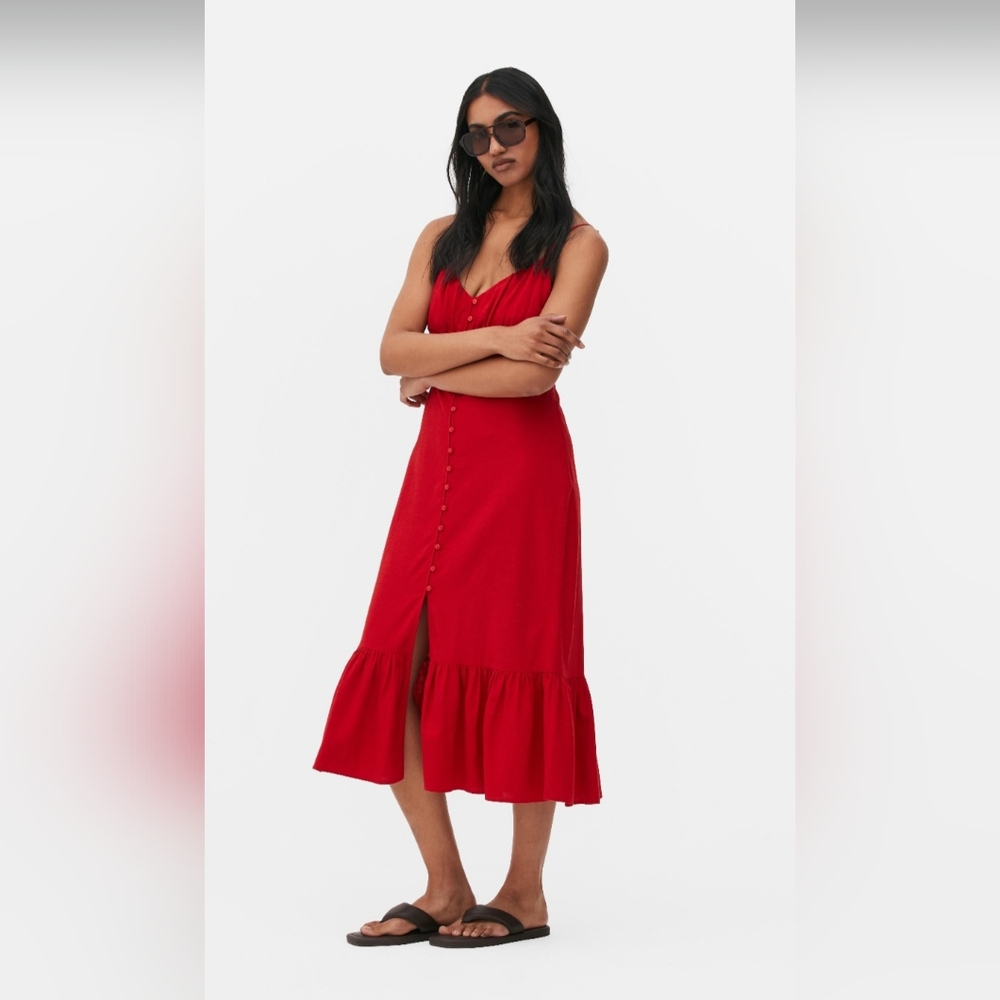 Primark red button front midi dress
